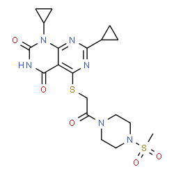 ChemSpider 2D Image | 1,7-Dicyclopropyl-5-({2-[4-(methylsulfonyl)-1-piperazinyl]-2-oxoethyl}sulfanyl)pyrimido[4,5-d]pyrimidine-2,4(1H,3H)-dione | C19H24N6O5S2