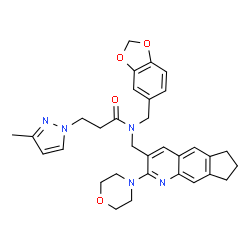 ChemSpider 2D Image | N-(1,3-Benzodioxol-5-ylmethyl)-3-(3-methyl-1H-pyrazol-1-yl)-N-{[2-(4-morpholinyl)-7,8-dihydro-6H-cyclopenta[g]quinolin-3-yl]methyl}propanamide | C32H35N5O4