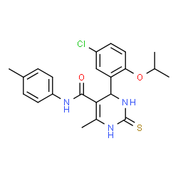 ChemSpider 2D Image | 6-(5-Chloro-2-isopropoxyphenyl)-4-methyl-N-(4-methylphenyl)-2-sulfanyl-1,6-dihydropyrimidine-5-carboxamide | C22H24ClN3O2S