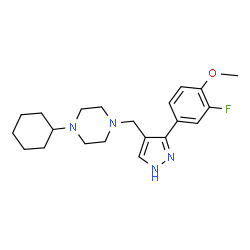 ChemSpider 2D Image | 1-Cyclohexyl-4-{[3-(3-fluoro-4-methoxyphenyl)-1H-pyrazol-4-yl]methyl}piperazine | C21H29FN4O