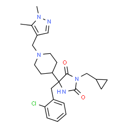 ChemSpider 2D Image | 5-(2-Chlorobenzyl)-3-(cyclopropylmethyl)-5-{1-[(1,5-dimethyl-1H-pyrazol-4-yl)methyl]-4-piperidinyl}-2,4-imidazolidinedione | C25H32ClN5O2