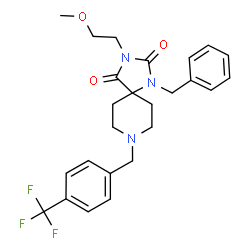 ChemSpider 2D Image | 1-Benzyl-3-(2-methoxyethyl)-8-[4-(trifluoromethyl)benzyl]-1,3,8-triazaspiro[4.5]decane-2,4-dione | C25H28F3N3O3