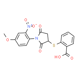 ChemSpider 2D Image | 2-[[1-(4-methoxy-2-nitrophenyl)-2,5-dioxo-3-pyrrolidinyl]thio]benzoic acid | C18H14N2O7S