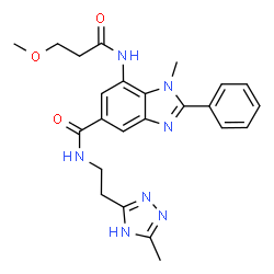 ChemSpider 2D Image | 7-[(3-Methoxypropanoyl)amino]-1-methyl-N-[2-(3-methyl-1H-1,2,4-triazol-5-yl)ethyl]-2-phenyl-1H-benzimidazole-5-carboxamide | C24H27N7O3