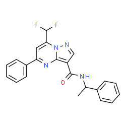 ChemSpider 2D Image | 7-(Difluoromethyl)-5-phenyl-N-(1-phenylethyl)pyrazolo[1,5-a]pyrimidine-3-carboxamide | C22H18F2N4O