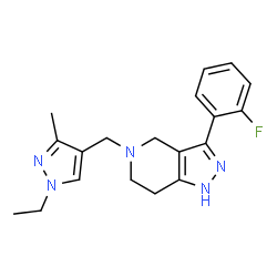 ChemSpider 2D Image | 5-[(1-Ethyl-3-methyl-1H-pyrazol-4-yl)methyl]-3-(2-fluorophenyl)-4,5,6,7-tetrahydro-1H-pyrazolo[4,3-c]pyridine | C19H22FN5