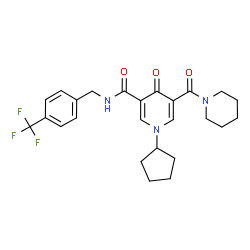 ChemSpider 2D Image | 1-Cyclopentyl-4-oxo-5-(1-piperidinylcarbonyl)-N-[4-(trifluoromethyl)benzyl]-1,4-dihydro-3-pyridinecarboxamide | C25H28F3N3O3