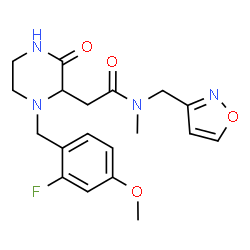 ChemSpider 2D Image | 2-[1-(2-Fluoro-4-methoxybenzyl)-3-oxo-2-piperazinyl]-N-methyl-N-(1,2-oxazol-3-ylmethyl)acetamide | C19H23FN4O4