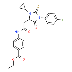 ChemSpider 2D Image | Ethyl 4-({[3-cyclopropyl-1-(4-fluorophenyl)-5-oxo-2-thioxo-4-imidazolidinyl]acetyl}amino)benzoate | C23H22FN3O4S