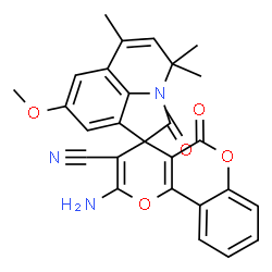 ChemSpider 2D Image | 2-Amino-8'-methoxy-4',4',6'-trimethyl-2',5-dioxo-4'H,5H-spiro[pyrano[3,2-c]chromene-4,1'-pyrrolo[3,2,1-ij]quinoline]-3-carbonitrile | C27H21N3O5