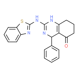 ChemSpider 2D Image | 2-(1,3-Benzothiazol-2-ylamino)-4-phenyl-4,6,7,8-tetrahydro-5(1H)-quinazolinone | C21H18N4OS