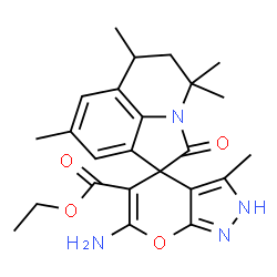 ChemSpider 2D Image | Ethyl 6-amino-3,4',4',6',8'-pentamethyl-2'-oxo-5',6'-dihydro-2H,4'H-spiro[pyrano[2,3-c]pyrazole-4,1'-pyrrolo[3,2,1-ij]quinoline]-5-carboxylate | C24H28N4O4