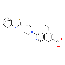 ChemSpider 2D Image | 2-[4-(Bicyclo[2.2.1]hept-2-ylcarbamothioyl)-1-piperazinyl]-8-ethyl-5-oxo-5,8-dihydropyrido[2,3-d]pyrimidine-6-carboxylic acid | C22H28N6O3S