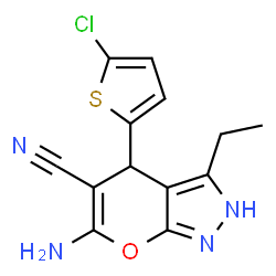 ChemSpider 2D Image | 6-Amino-4-(5-chloro-2-thienyl)-3-ethyl-2,4-dihydropyrano[2,3-c]pyrazole-5-carbonitrile | C13H11ClN4OS