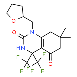 ChemSpider 2D Image | 7,7-Dimethyl-1-(tetrahydro-2-furanylmethyl)-4,4-bis(trifluoromethyl)-4,6,7,8-tetrahydro-2,5(1H,3H)-quinazolinedione | C17H20F6N2O3