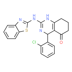 ChemSpider 2D Image | 2-(1,3-Benzothiazol-2-ylamino)-4-(2-chlorophenyl)-4,6,7,8-tetrahydro-5(1H)-quinazolinone | C21H17ClN4OS