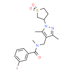 ChemSpider 2D Image | N-{[1-(1,1-Dioxidotetrahydro-3-thiophenyl)-3,5-dimethyl-1H-pyrazol-4-yl]methyl}-3-iodo-N-methylbenzamide | C18H22IN3O3S