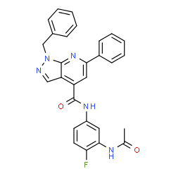 ChemSpider 2D Image | N-(3-Acetamido-4-fluorophenyl)-1-benzyl-6-phenyl-1H-pyrazolo[3,4-b]pyridine-4-carboxamide | C28H22FN5O2