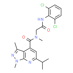 ChemSpider 2D Image | N-{2-[(2,6-Dichlorophenyl)amino]-2-oxoethyl}-6-isopropyl-N,1,3-trimethyl-1H-pyrazolo[3,4-b]pyridine-4-carboxamide | C21H23Cl2N5O2