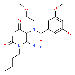 ChemSpider 2D Image | N-(6-Amino-1-butyl-2,4-dioxo-1,2,3,4-tetrahydro-5-pyrimidinyl)-3,5-dimethoxy-N-(2-methoxyethyl)benzamide | C20H28N4O6