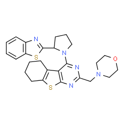 ChemSpider 2D Image | 4-[2-(1,3-Benzothiazol-2-yl)-1-pyrrolidinyl]-2-(4-morpholinylmethyl)-5,6,7,8-tetrahydro[1]benzothieno[2,3-d]pyrimidine | C26H29N5OS2