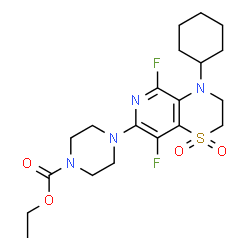 ChemSpider 2D Image | Ethyl 4-(4-cyclohexyl-5,8-difluoro-1,1-dioxido-3,4-dihydro-2H-pyrido[4,3-b][1,4]thiazin-7-yl)-1-piperazinecarboxylate | C20H28F2N4O4S
