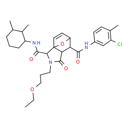 ChemSpider 2D Image | N~6~-(3-Chloro-4-methylphenyl)-N~2~-(2,3-dimethylcyclohexyl)-3-(3-ethoxypropyl)-4-oxo-10-oxa-3-azatricyclo[5.2.1.0~1,5~]dec-8-ene-2,6-dicarboxamide | C30H40ClN3O5