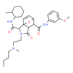 ChemSpider 2D Image | 3-{2-[Butyl(methyl)amino]ethyl}-N~6~-(3-methoxyphenyl)-N~2~-(2-methylcyclohexyl)-4-oxo-10-oxa-3-azatricyclo[5.2.1.0~1,5~]dec-8-ene-2,6-dicarboxamide | C31H44N4O5
