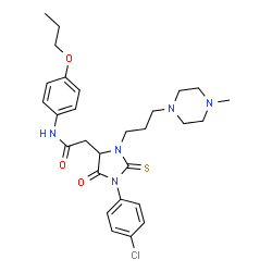 ChemSpider 2D Image | 2-{1-(4-Chlorophenyl)-3-[3-(4-methyl-1-piperazinyl)propyl]-5-oxo-2-thioxo-4-imidazolidinyl}-N-(4-propoxyphenyl)acetamide | C28H36ClN5O3S