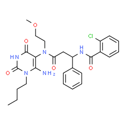 ChemSpider 2D Image | N-{3-[(6-Amino-1-butyl-2,4-dioxo-1,2,3,4-tetrahydro-5-pyrimidinyl)(2-methoxyethyl)amino]-3-oxo-1-phenylpropyl}-2-chlorobenzamide | C27H32ClN5O5