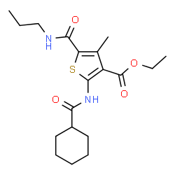 ChemSpider 2D Image | Ethyl 2-[(cyclohexylcarbonyl)amino]-4-methyl-5-(propylcarbamoyl)-3-thiophenecarboxylate | C19H28N2O4S