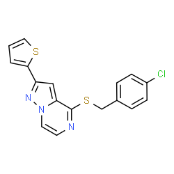 ChemSpider 2D Image | 4-[(4-Chlorobenzyl)sulfanyl]-2-(2-thienyl)pyrazolo[1,5-a]pyrazine | C17H12ClN3S2