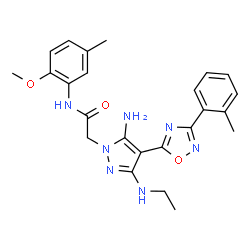 ChemSpider 2D Image | 2-{5-Amino-3-(ethylamino)-4-[3-(2-methylphenyl)-1,2,4-oxadiazol-5-yl]-1H-pyrazol-1-yl}-N-(2-methoxy-5-methylphenyl)acetamide | C24H27N7O3