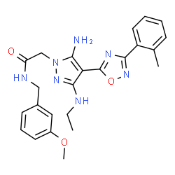 ChemSpider 2D Image | 2-{5-Amino-3-(ethylamino)-4-[3-(2-methylphenyl)-1,2,4-oxadiazol-5-yl]-1H-pyrazol-1-yl}-N-(3-methoxybenzyl)acetamide | C24H27N7O3