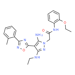 ChemSpider 2D Image | 2-{5-Amino-3-(ethylamino)-4-[3-(2-methylphenyl)-1,2,4-oxadiazol-5-yl]-1H-pyrazol-1-yl}-N-(2-ethoxyphenyl)acetamide | C24H27N7O3