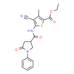 ChemSpider 2D Image | Ethyl 4-cyano-3-methyl-5-{[(5-oxo-1-phenyl-3-pyrrolidinyl)carbonyl]amino}-2-thiophenecarboxylate | C20H19N3O4S