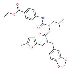 ChemSpider 2D Image | Ethyl 4-{[(2-{(1,3-benzodioxol-5-ylmethyl)[(5-methyl-2-furyl)methyl]amino}-2-oxoethyl)(isobutyl)carbamoyl]amino}benzoate | C30H35N3O7