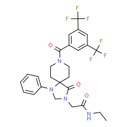 ChemSpider 2D Image | 2-{8-[3,5-Bis(trifluoromethyl)benzoyl]-4-oxo-1-phenyl-1,3,8-triazaspiro[4.5]dec-3-yl}-N-ethylacetamide | C26H26F6N4O3