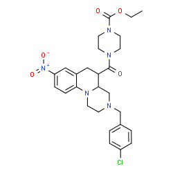 ChemSpider 2D Image | Ethyl 4-{[3-(4-chlorobenzyl)-8-nitro-2,3,4,4a,5,6-hexahydro-1H-pyrazino[1,2-a]quinolin-5-yl]carbonyl}-1-piperazinecarboxylate | C27H32ClN5O5