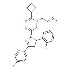 ChemSpider 2D Image | N-{2-[5-(2-Fluorophenyl)-3-(4-fluorophenyl)-4,5-dihydro-1H-pyrazol-1-yl]-2-oxoethyl}-N-(2-methoxyethyl)cyclobutanecarboxamide | C25H27F2N3O3
