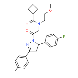 ChemSpider 2D Image | N-{2-[3,5-Bis(4-fluorophenyl)-4,5-dihydro-1H-pyrazol-1-yl]-2-oxoethyl}-N-(2-methoxyethyl)cyclobutanecarboxamide | C25H27F2N3O3