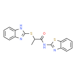 ChemSpider 2D Image | 2-(1H-Benzoimidazol-2-ylsulfanyl)-N-benzothiazol-2-yl-propionamide | C17H14N4OS2