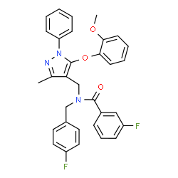 ChemSpider 2D Image | 3-Fluoro-N-(4-fluorobenzyl)-N-{[5-(2-methoxyphenoxy)-3-methyl-1-phenyl-1H-pyrazol-4-yl]methyl}benzamide | C32H27F2N3O3