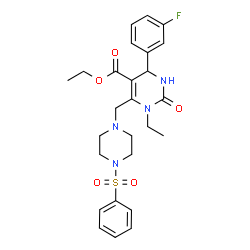 ChemSpider 2D Image | Ethyl 1-ethyl-4-(3-fluorophenyl)-2-oxo-6-{[4-(phenylsulfonyl)-1-piperazinyl]methyl}-1,2,3,4-tetrahydro-5-pyrimidinecarboxylate | C26H31FN4O5S