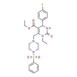 ChemSpider 2D Image | Ethyl 1-ethyl-4-(4-fluorophenyl)-2-oxo-6-{[4-(phenylsulfonyl)-1-piperazinyl]methyl}-1,2,3,4-tetrahydro-5-pyrimidinecarboxylate | C26H31FN4O5S