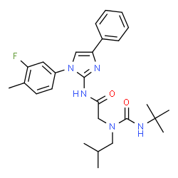ChemSpider 2D Image | N-[1-(3-Fluoro-4-methylphenyl)-4-phenyl-1H-imidazol-2-yl]-N~2~-isobutyl-N~2~-[(2-methyl-2-propanyl)carbamoyl]glycinamide | C27H34FN5O2
