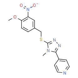 ChemSpider 2D Image | 4-{5-[(4-Methoxy-3-nitrobenzyl)sulfanyl]-4-methyl-4H-1,2,4-triazol-3-yl}pyridine | C16H15N5O3S