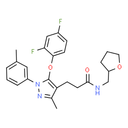 ChemSpider 2D Image | 3-[5-(2,4-Difluorophenoxy)-3-methyl-1-(3-methylphenyl)-1H-pyrazol-4-yl]-N-(tetrahydro-2-furanylmethyl)propanamide | C25H27F2N3O3