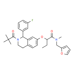 ChemSpider 2D Image | 2-{[2-(2,2-Dimethylpropanoyl)-1-(3-fluorophenyl)-1,2,3,4-tetrahydro-7-isoquinolinyl]oxy}-N-(2-furylmethyl)-N-methylbutanamide | C30H35FN2O4