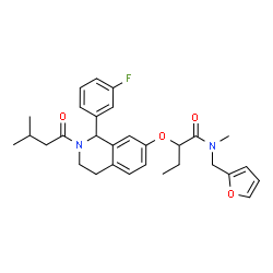 ChemSpider 2D Image | 2-{[1-(3-Fluorophenyl)-2-(3-methylbutanoyl)-1,2,3,4-tetrahydro-7-isoquinolinyl]oxy}-N-(2-furylmethyl)-N-methylbutanamide | C30H35FN2O4